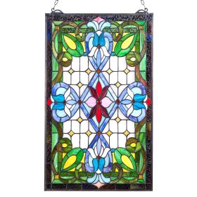 Stained Glass Window Panel, 17 x 29 in, Tiffany Style Hanging Transom Window Panel with Chain, Large Vertical Rectangle Stain Glass