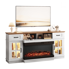 Brown Top + Washed White Cabinet Fireplace TV Stand for 36 Inch Insert, 2 Doors 2 Drawers 1 Shelf with RGB Lights, Media Console 178 x 34.6 x 82.