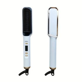 Professional Ionic Hair Straightening Brush, Fast Heating Ceramic With Auto Lock & Shutoff, Anti-Scald, 110V With LED Screen, 30 Temperature Sett (Option: White)