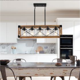 32 Inch Walnut Industrial Farmhouse Rectangle Pendant Light, 5-Light Chandelier With Lampshades For Dining Room, Kitchen Island, Cafe Decor No Bu (Option: Walnut and black)