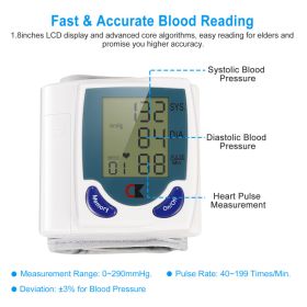 1Pc Blood Pressure Monitor Wrist Digital High Blood Pressure Cuff Heartbeat Tester With 60 Reading Memory 1.8 Inches LCD Screen Storage Box (Option: White)